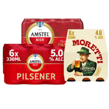 Amstel pilsener tray van 6 flesjes/blikken à 30/33 cl
of Birra Moretti tray van 6 flesjes à 30 cl